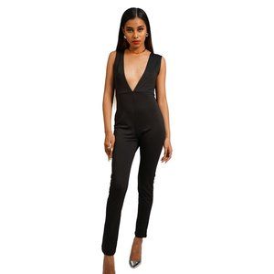 Womens Black Polyester Front Slit Jump Suit